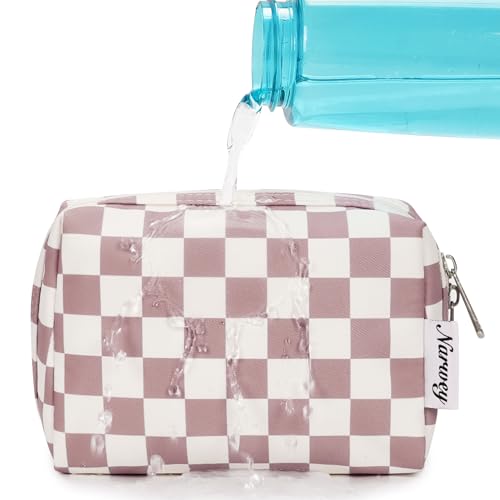 Narwey Small Checkered Makeup Bag for Purse Mini Pink Cosmetic Bag Travel Makeup Pouch Zipper Pouch Cute Make up Bags with Compartments for Women Girls (Dusty Rose Checkerboard, Small) - color: YB-Dusty Rose Checkerboard, style: Small