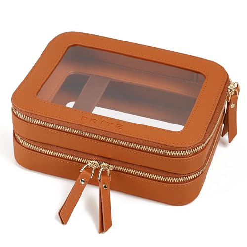 Prite Large Clear Makeup Bag Double Layer Makeup Bag for Women Travel Toiletry Bag Cosmetic Train Case with a Separate Brush Compartment for Car Essentials(Brown) - color: Brown, size: Standard - Double Layer