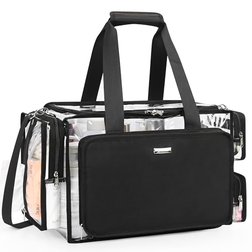 Relavel Clear Makeup Bag Extra Large Makeup Artist Kit Set, Cosmetic Storage Organizer Hair Stylist Traveling Bag, Transparent Tote Duffle Beach Toiletry Bag with Adjustable Dividers & Shoulder Strap - color: Clear
