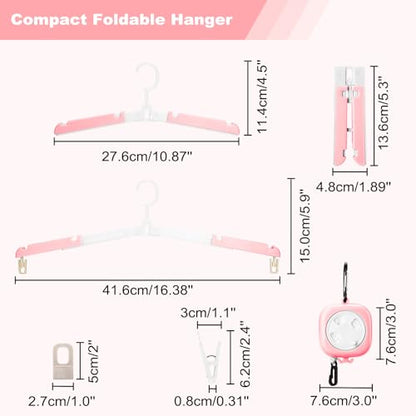 6 Pack Fodable Travel Hangers with Clips & Adjustable Clothesline, Portable Collapsible Hangers with Storage Bag for Suitcase, Hotel, RV, Cruise Essentials Set (Pink) - color: Pink