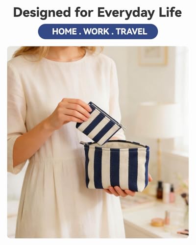 Travel Makeup Bag Set of 2, Preppy Jacquard Pouches for Purse , Navy Blue Striped Makeup Pouch with Smooth Zipper Soft Lining, for Cosmetic Car Organizer, Daily, Gifts, Portable Large & Small Toiletry - style: Striped Blue Canvas