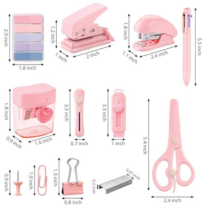 Pink Mini Office Supply Kit Mini School Supplies Desk Accessory Set Includes Mini Stapler Pencil Sharpener Staple Remover Hole Punch Ballpoint Pen Scissor Box Cutter Paper Clips Sticky Index Tabs - color: Pink