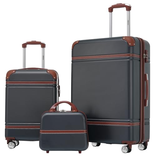 Merax Luggage Set 2 Piece Suitcase Set with Cosmetic Case Expandable Spinner Wheels Vintage Luggage Sets(Black,20"+28") - color: Black, size: 3 Piece-20+28+case