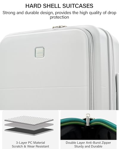 Hanke 24 Inch Expandable Checked Luggage with Cup Holder and Charger Port,Top Opening Hard Shell Suitcases with Wheels, Medium Travel Rolling Suitcase Trunk Luggage with Lock, Smoke White - color: Smoke White, size: Expandable 24 Inch
