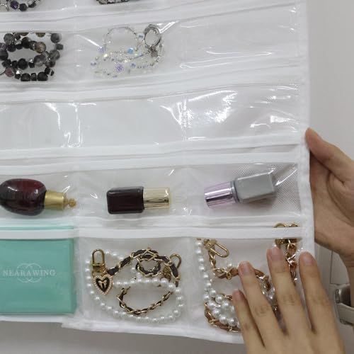 Hanging Jewelry Organizer Pockets Canvas Double Sided Rotating Hanger Necklace Hanging Wall Organizer Jewelry Roll for Earrings, Necklaces,Sunglasses,rings (80-Pocket WHITE) - color: White