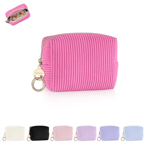Mini Makeup Bag, Corduroy Small Cosmetic Bag for Purse with Ring Buckle, Portable Travel Makeup Pouch for Lipsticks, Chapsticks, Coin, Earphone, Credit Card (Rose Red) - color: Rose Red