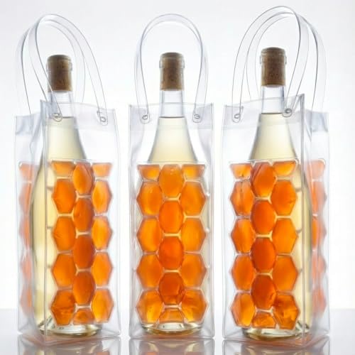 3-Pack Freezable Wine Cooler Bags with Built-in Gel Ice Packs - Portable Hexagon Wine Chiller Sleeve - Reusable Clear Folding Carrier Tote for Champagne, Beer, Picnic & Travel (orange） - color: Orange