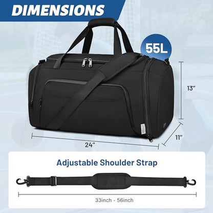 Wohlbege Travel Duffel Bag 55L, Carry On Gym Bag with Shoe Compartment & Wet Pocket, Water Resistant Weekender Overnight Bag with Luggage Sleeve for Men Women