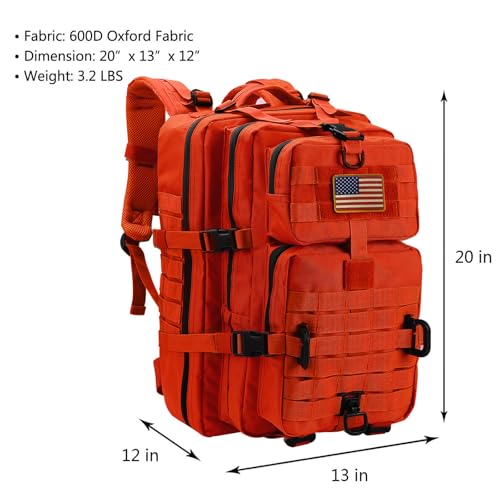 Hannibal Tactical MOLLE Assault Backpack, Tactical Backpack Military Army Camping Rucksack, 3-Day Pack Trip w/USA Flag Patch, D-Rings, Orange - color: Orange