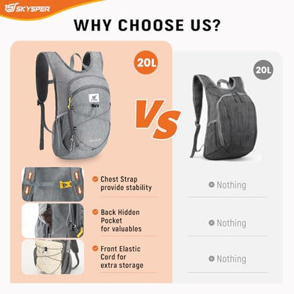 SKYSPER 15L/20L Foldable Hiking Backpack Lightweight Packable Travel Daypack with Chest Strap Small Folding Pack for Walking - color: Grey, size: 20l
