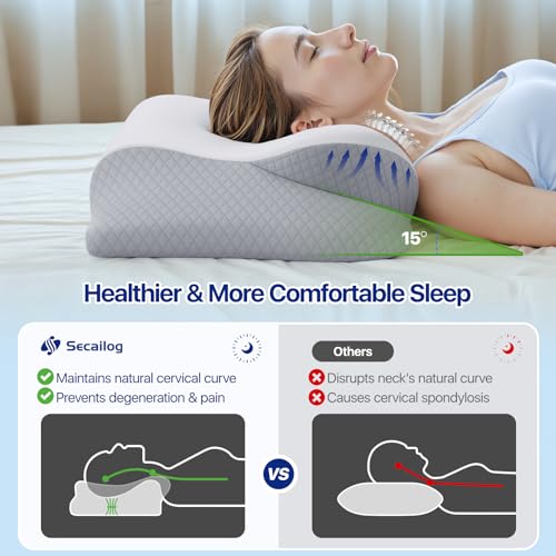 Memory Foam Neck Pillow - Ergonomic Contour Cervical Neck Pillow for Side Back Stomach Sleepers, 2-in-1 Orthopedic Neck Support Pillow with Cooling Pillowcase