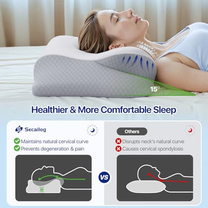 Memory Foam Neck Pillow - Ergonomic Contour Cervical Neck Pillow for Side Back Stomach Sleepers, 2-in-1 Orthopedic Neck Support Pillow with Cooling Pillowcase