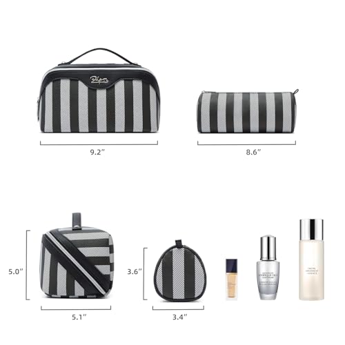 BOYATU Travel Makeup Bag Cosmetic Bag for Women: 3 Pcs Set Striped Make up Bag with Compartments - Waterproof Vegan Leather Toiletry Bag with Handle - Makeup Organizer for Travel Essentials(A-4-Black) - color: A-4-Black