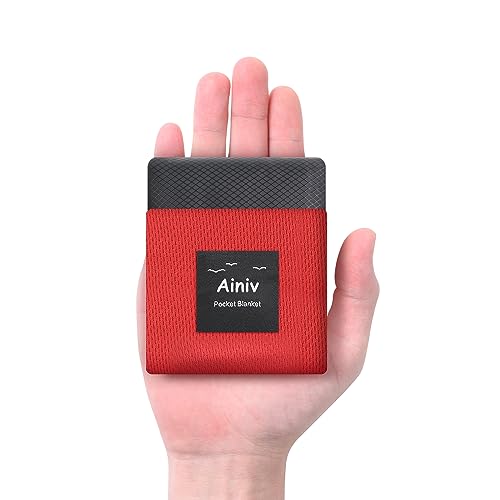 Ainiv Picnic Blanket, Mini Pocket Beach Mat 43.3 x 55.1IN (2-3 People) Foldable, Lightweight Waterproof Sand Free, Foldable Thin Ground Sheet for Outdoor Camping Hiking Travel - with Hand Strap - color: Red, size: 43.3 x 55.1''(M for 2-4 person)
