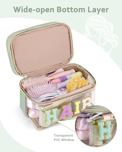 Fasrom Double Layer Hair Accessories Organizer, Preppy Patch Makeup Bag with HAIR Chenille Letter, Portable Travel Cosmetic Pouch Clear Toiletry Case for Women Girl, Green(Bag Only, Patent Design) - color: Green