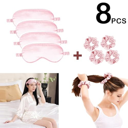 Satin Eye Mask 8Pcs Silk Sleep Masks Silky Blindfold Eyeshade Blackout Eyes Cover Scrunchies Hair Ties Travel Wedding Gifts - color: Pale Pink