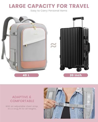 LOVEVOOK Travel Backpack for Women, 40L Carry On Backpack Flight Approved, Large Personal Item Bag Fits 17 inch Laptop, TSA Approved Luggage with 3 Packing Cubes,Waterproof Weekender Gym Essentials - color: Beige-grey-pink, size: 40L