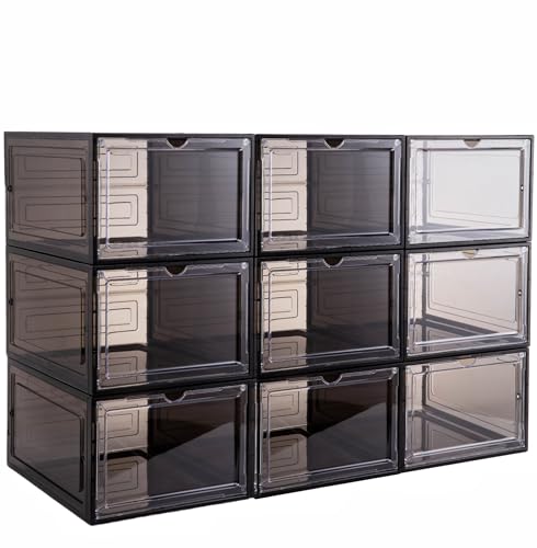 Attelite X-Large Clear Plastic Shoe Boxes - Stackable Shoe Organizer with Magnetic Door, Drop Front Display Box (9 Pack, Clear Black) - color: Clear Black, size: XL-9-pcs