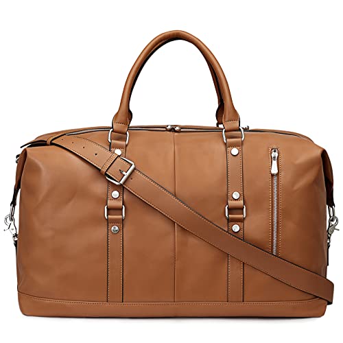S-ZONE Genuine Leather Women Travel Duffle Weekender Overnight Weekend Carry on Shoulder Tote Bag - color: C-Genuine Leather Brown