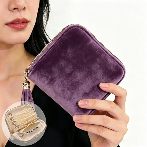 Small Travel Jewelry Case for Women, 6-Layer Velvet Organizer Pouch with Zipper, Anti-Scratch Portable Bag for Bracelets, Rings, Earrings & Necklaces (Purple) - color: Purple