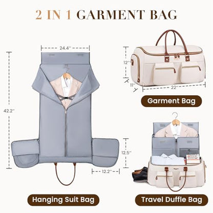 Convertible Garment Bag for Travel, PU Leather Carry On Garment Duffle Bag for Men Women, 2 in 1 Suit Travel Bags for Hanging Clothes with Shoe Compartment - color: Beige