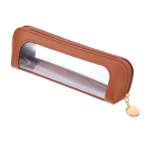 JMKEY Small Clear Makeup Bag, PU Leather Travel Makeup Brush Case Zipper, Double Sided Transparent Toiletry Bag, Portable Waterproof Cosmetic Organizer Pouch for Women Travel Cosmetic Storage Brown - color: Brown