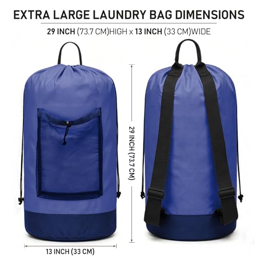 Backpack Laundry Bag, Durable polyster Laundry Backpack Bag with Shoulder Straps, Drawstring Closure & Mesh Pocket, Large Clothes Hamper for Dorm, Travel, Laundromat (Blue) - color: Blue
