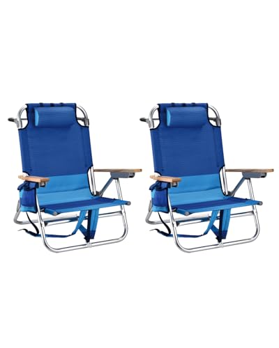 2 Pack Backpack Beach Chairs for Adults Capacity 300 LBS Low 5 Position Beach Chair with Pouch Straps Folding Lightweight Reclining Aluminum Wide Lay Flat Single - color: 10in Wood Blue 2 Pack