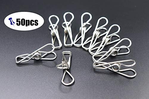 FGen 50pcs Mini Stainless Steel Clips - 1.7-inch, Clothesline, Bag Seal, Paper Clip, Socks