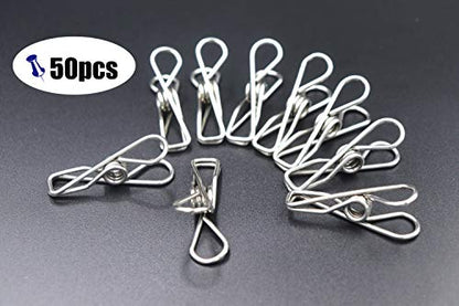 FGen 50pcs Mini Stainless Steel Clips - 1.7-inch, Clothesline, Bag Seal, Paper Clip, Socks