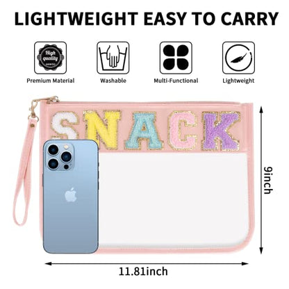 Iqimott Snack Bag Monogram Clear Letter Flat Pouch, Chenille Glitter Letter Patch Makeup Cosmetic Bag Zipper Toiletry Pouch, Portable Travel Beach Wristlet Bags for Women Girls(Snack, Pink) - color: Snack-Pink