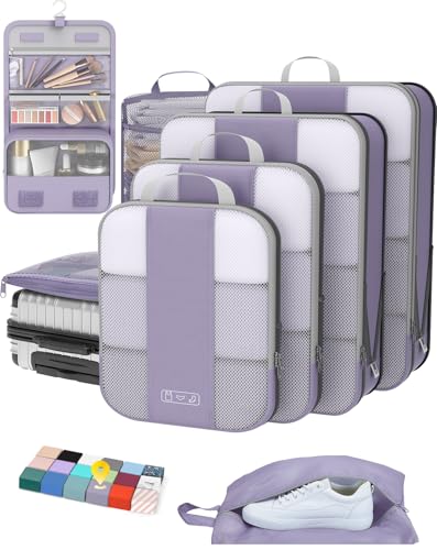 8 Set Compression Packing Cubes for Travel Essentials,Compressible Expandable Packing Cubes for Suitcase,OlarHike Luggage Garment Bags for Travel,Handy Helper for Organizing Clothes(Purple Gray) - color: Purple Gray