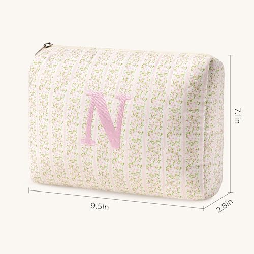 HBselect Initial Quilted Makeup Bag, Pink Cosmetic Travel Toiletry Bag, Flowers Coquette Zipper Make Up Pouch Organizer Teen Girl Gift Trendy Stuff N - color: 1Pc Medium Pinkflower, style: N