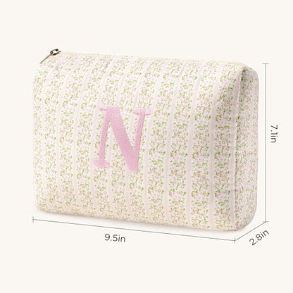 HBselect Initial Quilted Makeup Bag, Pink Cosmetic Travel Toiletry Bag, Flowers Coquette Zipper Make Up Pouch Organizer Teen Girl Gift Trendy Stuff N - color: 1Pc Medium Pinkflower, style: N