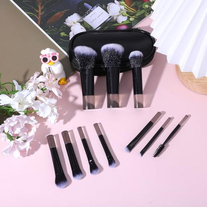 10 Pcs Mini Travel Makeup Brushes Set with Pouch, Short Handle Makeup Brushes for Women Girls Portable Full Complete Function Cosmetic Kit Brush Blush Powder Eye Shadow Black - color: Black