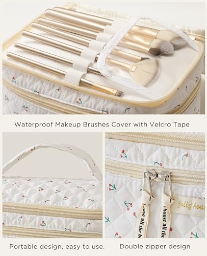 HBselect 2Pcs Travel Makeup Bag, Large Cotton Quilted Makeup Bag Cosmetic Bag Cute Make up Bag Toiletry Bags for Women Girls - color: 2PCS-CHERRY