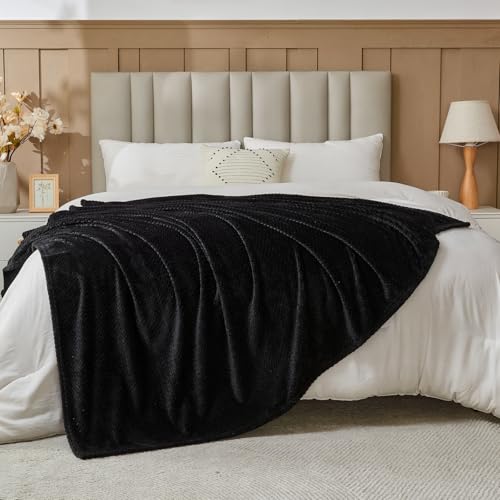 NEWCOSPLAY Super Soft Twin Blanket Black Premium Silky Flannel Fleece Leaves Pattern Lightweight Bed Blanket All Season Use (Black, Twin(60"x80")) - color: Black, size: Twin(60"x80")