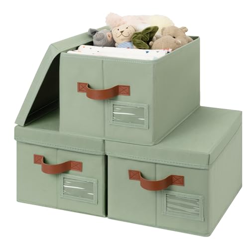 GRANNY SAYS Storage Basket with Lid, Linen Fabric Storage Bins with Label, Decorative Storage Boxes, Clothes Storage and Organization, Memory Keepsake Box, 3-Pack, Green - color: Green&Brown, size: Medium