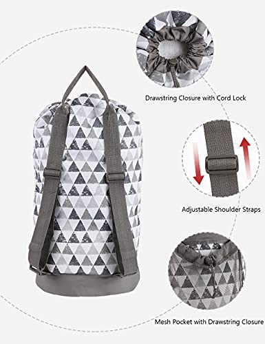 Dalykate Backpack Laundry Bag, Laundry Backpack with Shoulder Straps and Mesh Pocket Durable Nylon Clothes Hamper Bag with Drawstring Closure for College, Travel, Laundromat, Apartment - color: Triangle Grey