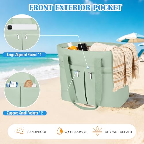 HUANLANG Large Beach Bags for Women Pool Bag with Zipper, Waterproof Sandproof Beach Tote Travel Bag with Wet Pocket - color: Green