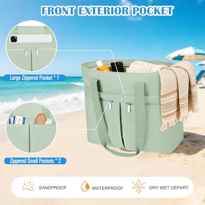 HUANLANG Large Beach Bags for Women Pool Bag with Zipper, Waterproof Sandproof Beach Tote Travel Bag with Wet Pocket - color: Green