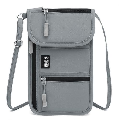 RFID Blocking Passport Holder for Travel Neck Wallet with Adjustable Lanyard 6 Compartments Pouches Passport Wallet for Family (Grey) - color: RFID Blocking, Grey