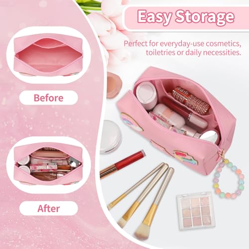 Initial Makeup Bag for Girls, Cute Makeup Bag Small Cosmetic Bag Travel Make Up Organizer Pouch, Birthday Gifts for Girls 4 5 6 7 8 9 10 11 12 13 14 15 Years Old, Teen Girls Gifts Trendy Stuff - color: Pink + Bracelet, style: A