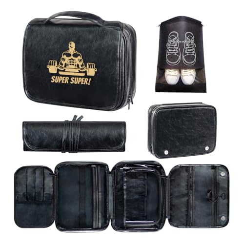 Custom 3-in-1 PU Leather Toiletry Bag For Men Personalized Hanging Travel Organizer Bag for Father Husband Boyfriend (Black) - color: Black