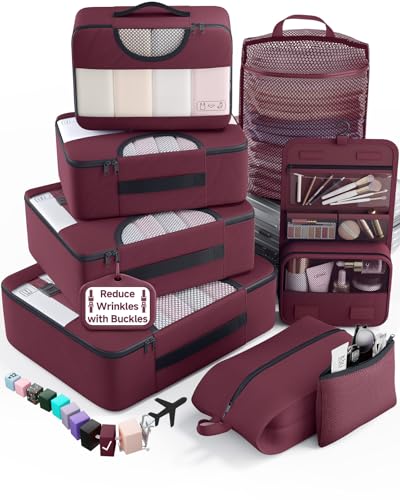 Veken 8 Set Packing Cubes for Travel Essentials,Anti-Wrinkle Buckled Suitcase Organizer for Shoe & Toiletry Bag,Carry On Luggage Bag for Airplane & College Dorm Room Accessories,Women Men Gifts,Wine - color: 11 Wine Red