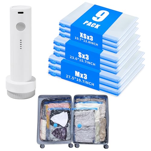 Vacuum Storage Bags for Travel - 9 Pack Compression Packing with Wireless Electric Pump for Luggage Vacuum Seal Bags for Clothes Suitcase Space Saver Organizer 3 XSmall/3 Small/3 Medium - size: 9 Combo Travel Size