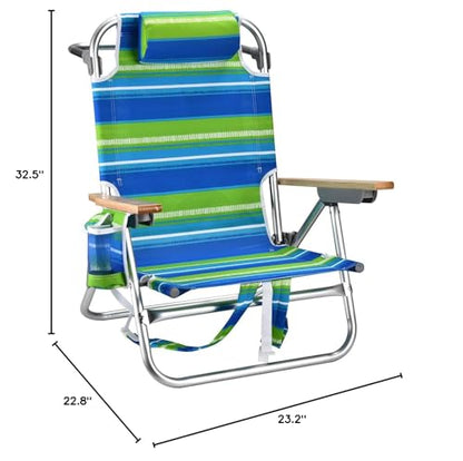 Backpack Beach Chairs for Adults Capacity 300 LBS Low 5 Position Beach Chair with Pouch Straps Folding Lightweight Reclining Aluminum Wide Lay Flat Single - color: 10in Wood Light Green Stripes 1 Pack