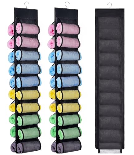 2 Pack Legging Storage Organizer, Hanging Legging Storage Hanger with 20 Roll Compartments, Foldable Clothes Roll Holder for Yoga T-Shirts Pants Jeans Towels