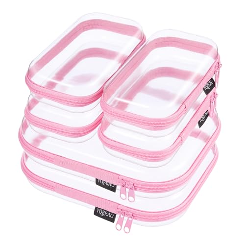 6 Pack Pink Clear Hard Shell Beauty Organizer (2M+4S), 1.2mm Heavy Duty Crush-Proof Cosmetic Case, Reinforced YKK Zippers, Stadium Approved Security Bag for Skincare & Electronics, Multi-Size Set - color: Pink, size: 6 Pack (2M+4S)