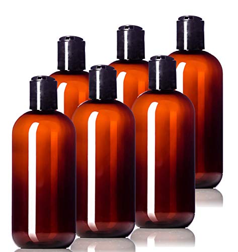 8oz Plastic Amber Bottles (6 Pack) BPA-Free Squeeze Containers with Disc Cap, Labels Included - color: Amber